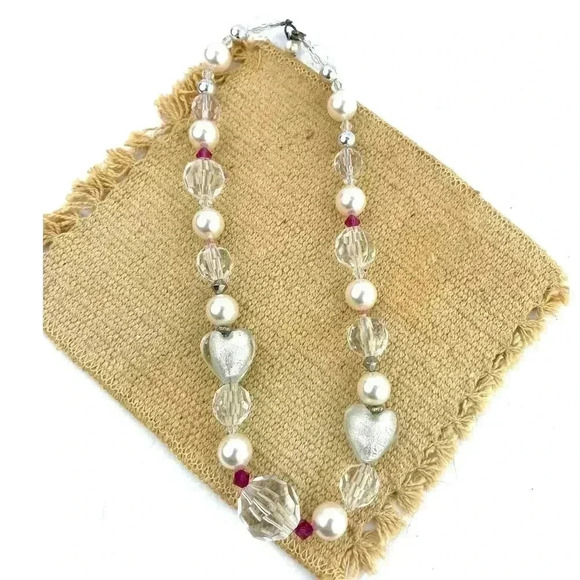 Clear Chunky Glass Heart Plastic Beaded Necklace Wired Faux Pearl 18" long - Picture 6 of 11